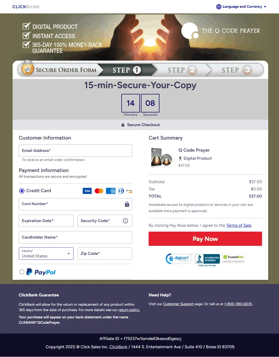 The Q Code Prayer Clickbank secure Checkout Page